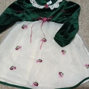 Vintage Rose Cottage Green Velvet and White Lined Dress with Floral Embroidery